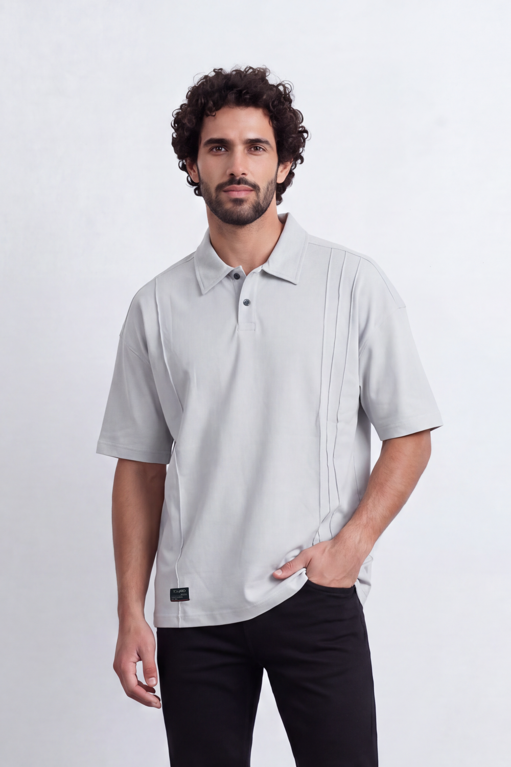 Men's Tomato Store Textured Knit Polo T-Shirt Vertical Pintuck Panel Detail Oversize