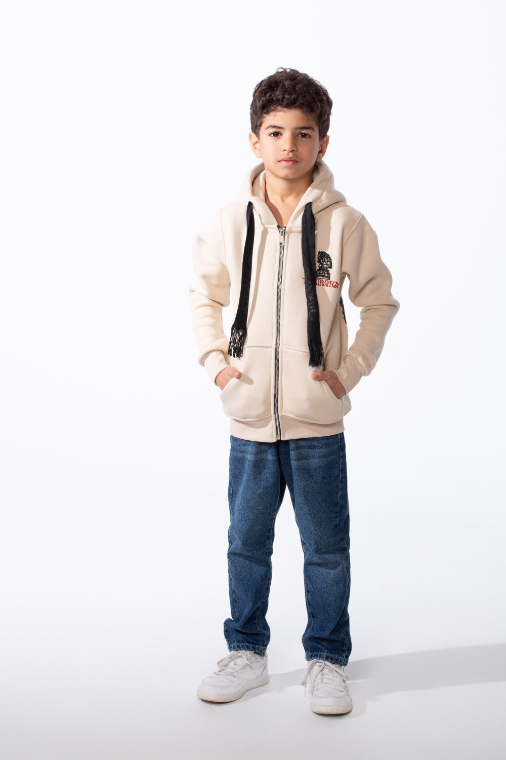 Boy's Zip-Up Unique Black Drawstrings Bold Back Graphic Print Sweatshirt