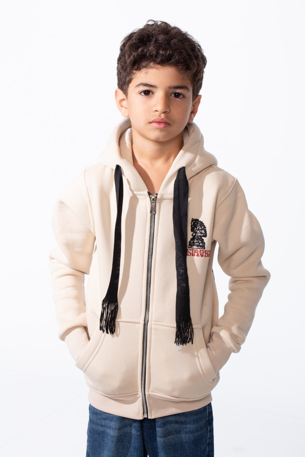 Boy's Zip-Up Unique Black Drawstrings Bold Back Graphic Print Sweatshirt