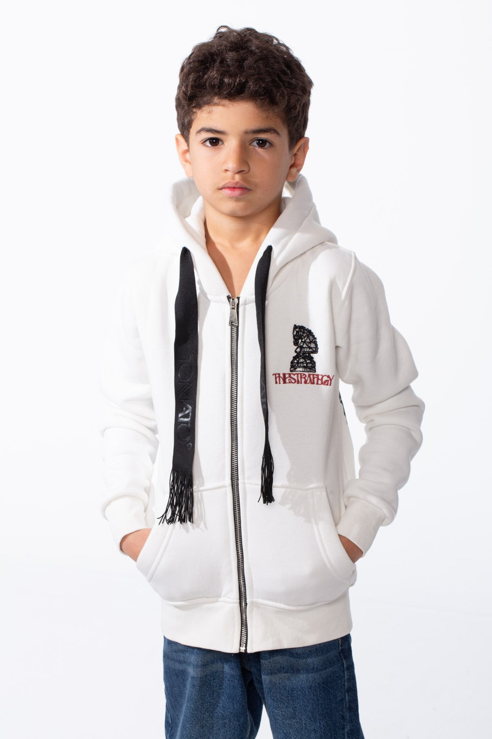 Boy's Zip-Up Unique Black Drawstrings Bold Back Graphic Print Sweatshirt