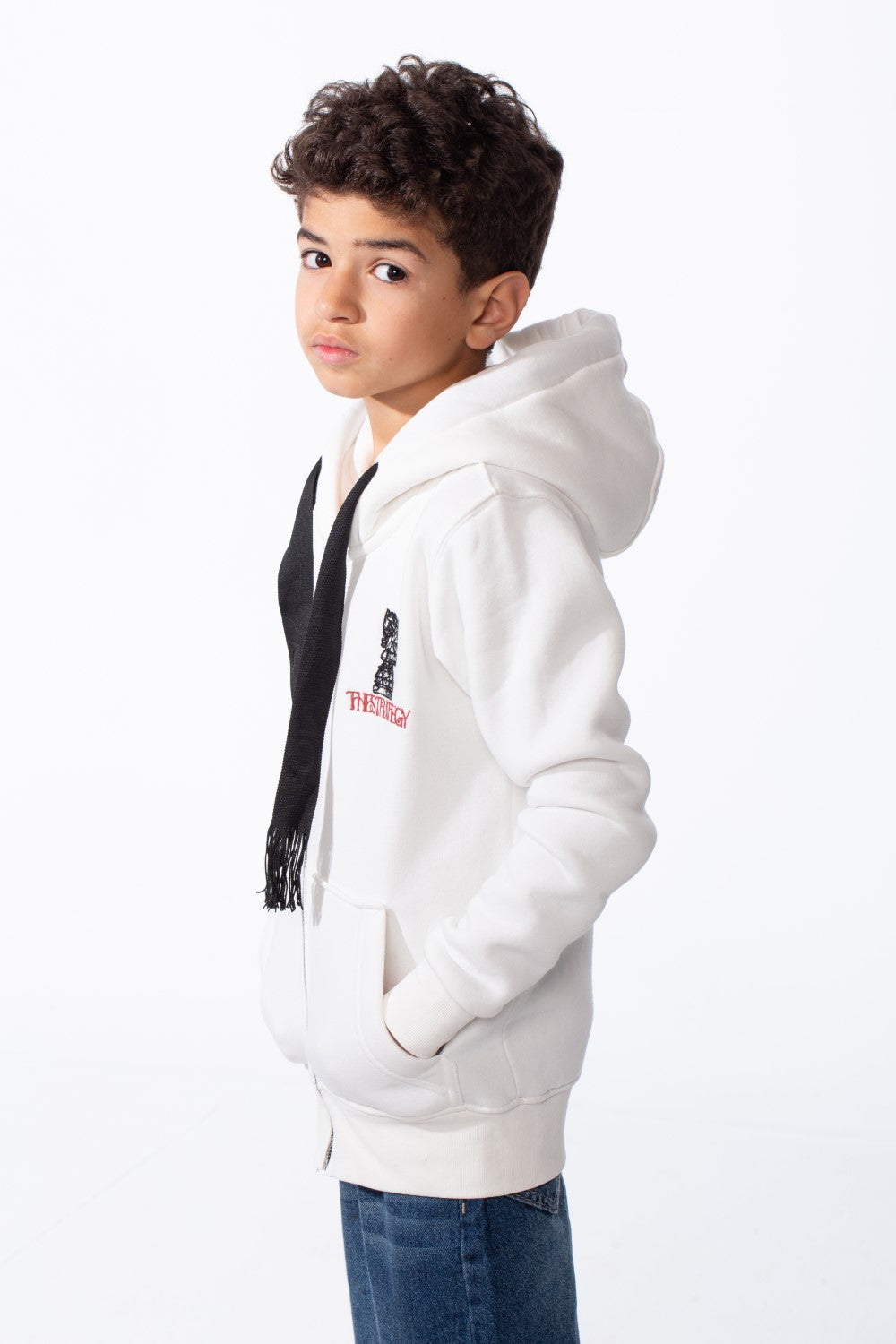 Boy's Zip-Up Unique Black Drawstrings Bold Back Graphic Print Sweatshirt