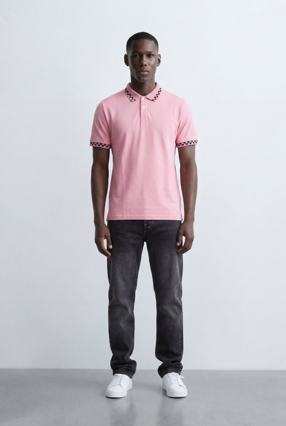 Men’s Tomato Store Pattern Trim Polo Checker Detail Collar And Sleeve Edge Two Button Placket T-Shirt