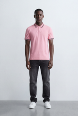 Men’s Tomato Store Pattern Trim Polo Checker Detail Collar And Sleeve Edge Two Button Placket T-Shirt