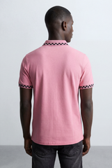 Men’s Tomato Store Pattern Trim Polo Checker Detail Collar And Sleeve Edge Two Button Placket T-Shirt