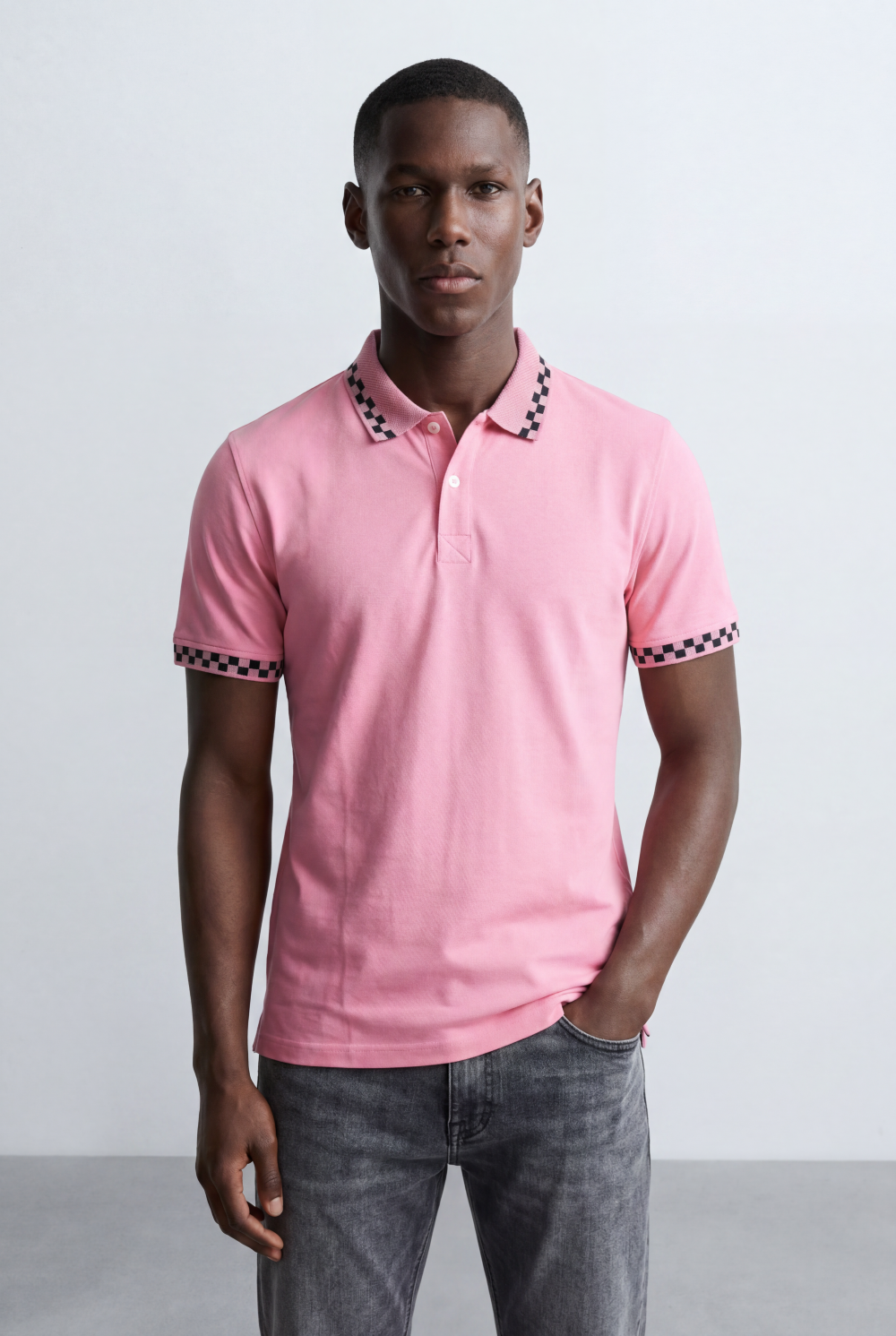 Men’s Tomato Store Pattern Trim Polo Checker Detail Collar And Sleeve Edge Two Button Placket T-Shirt