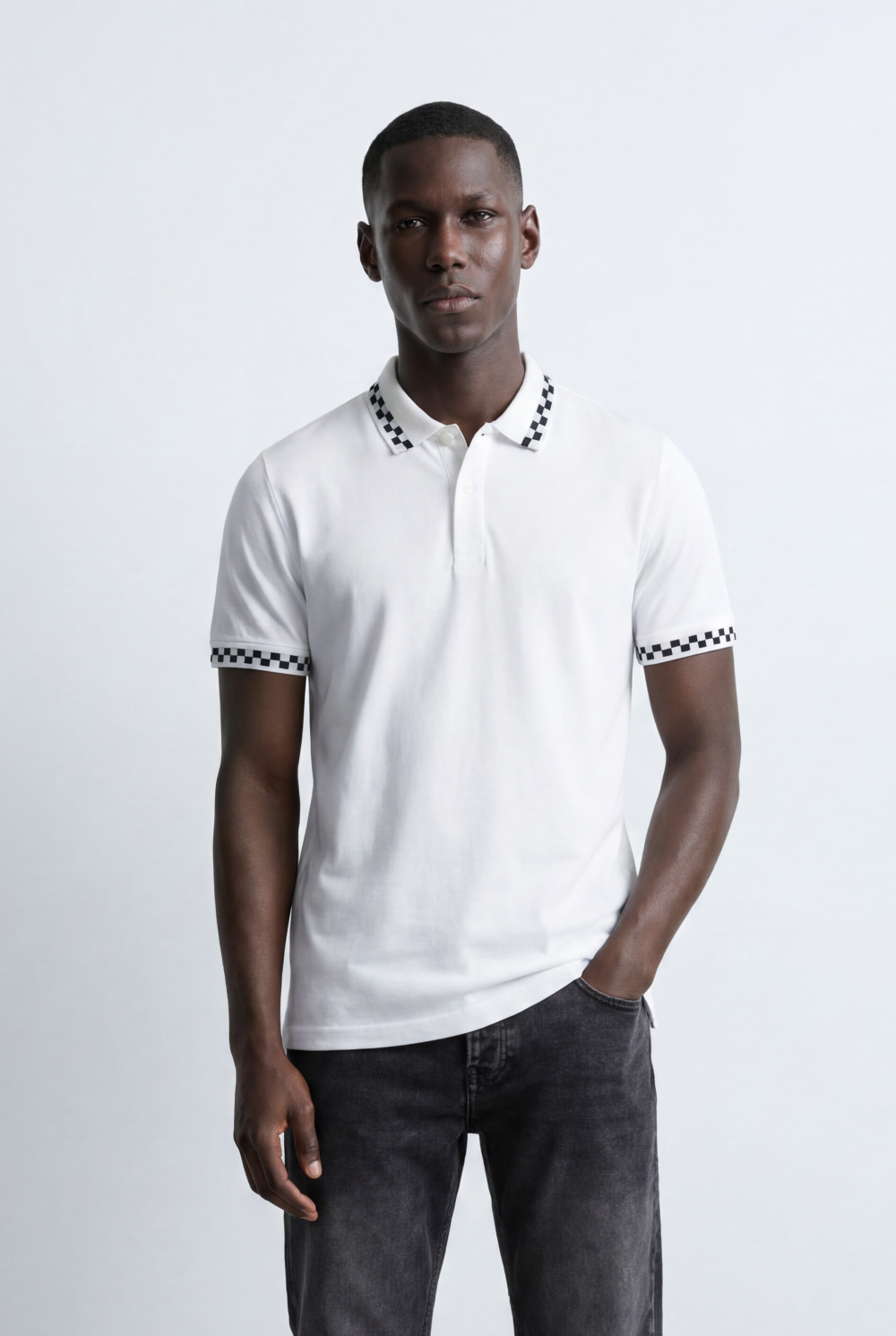 Men’s Tomato Store Pattern Trim Polo Checker Detail Collar And Sleeve Edge Two Button Placket T-Shirt