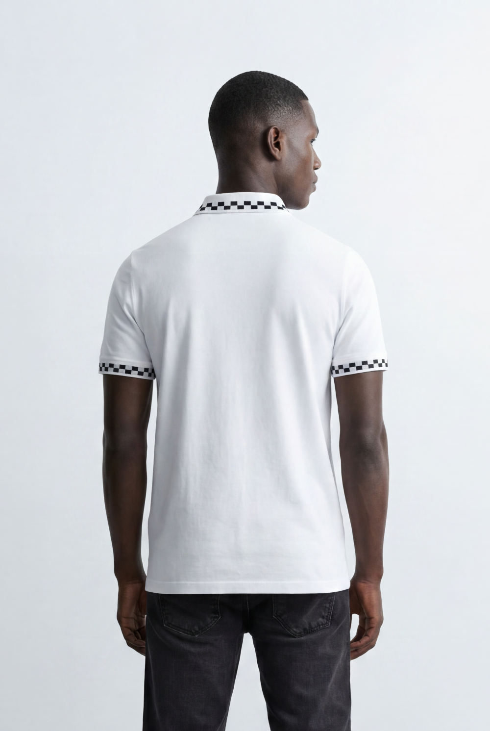Men’s Tomato Store Pattern Trim Polo Checker Detail Collar And Sleeve Edge Two Button Placket T-Shirt