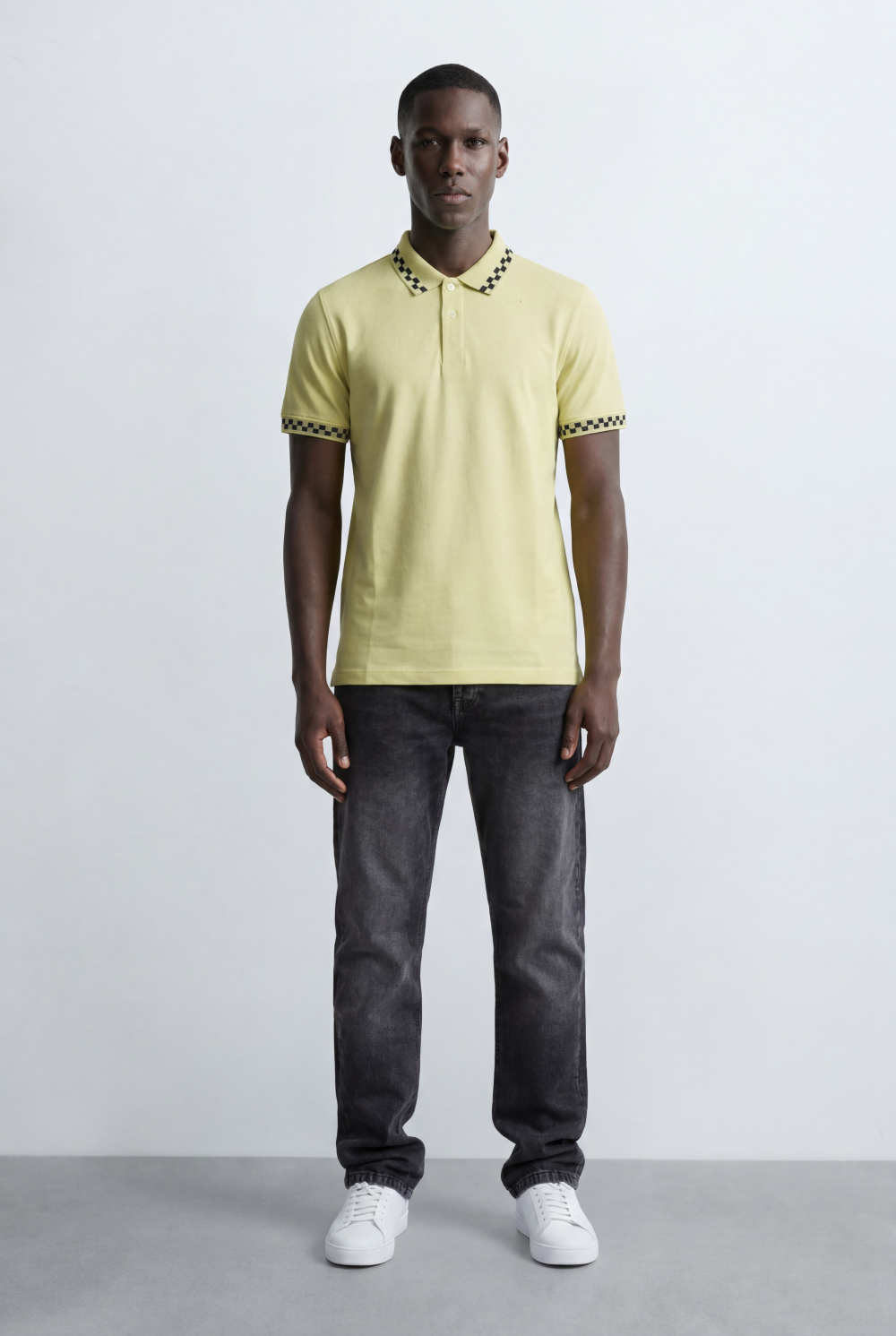 Men’s Tomato Store Pattern Trim Polo Checker Detail Collar And Sleeve Edge Two Button Placket T-Shirt