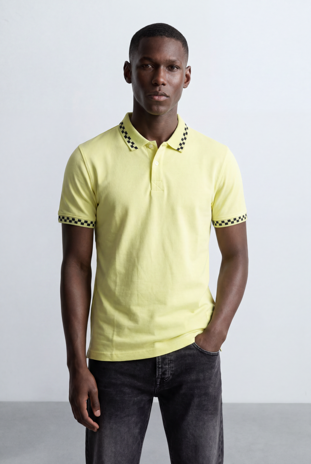 Men’s Tomato Store Pattern Trim Polo Checker Detail Collar And Sleeve Edge Two Button Placket T-Shirt
