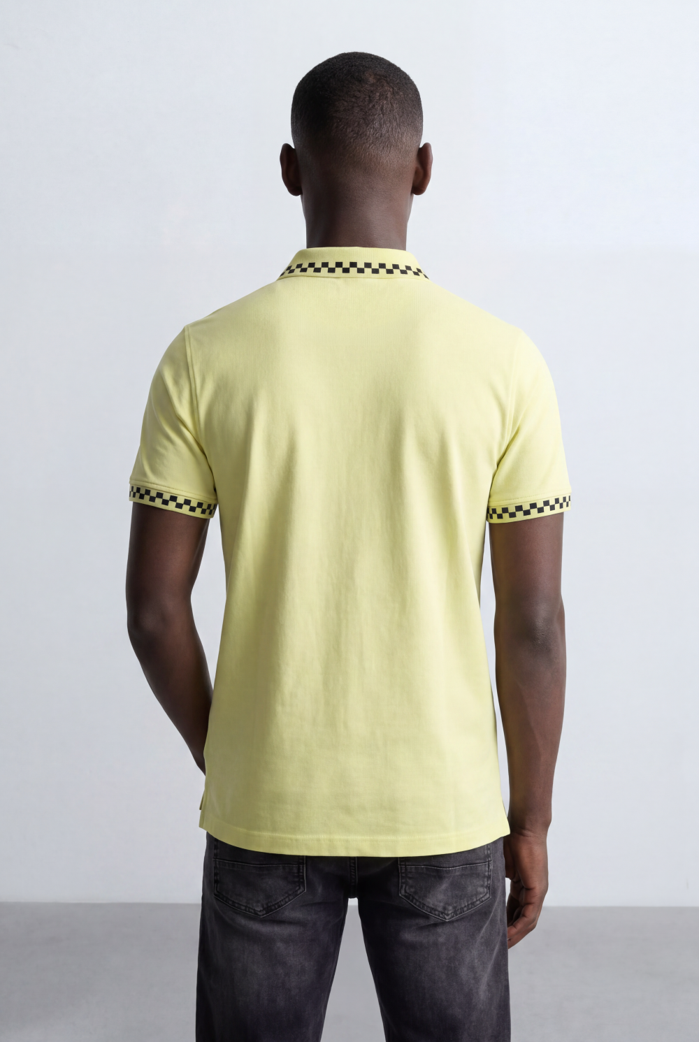 Men’s Tomato Store Pattern Trim Polo Checker Detail Collar And Sleeve Edge Two Button Placket T-Shirt