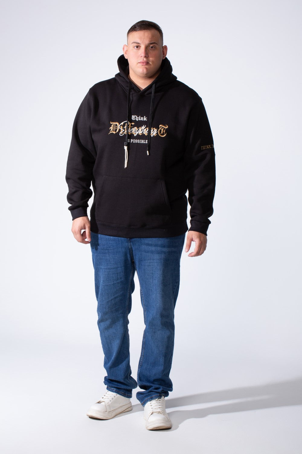 Men's Kangaroo Pockets With Graphic Text On Chest Long Sleeve Vertical Big Size Hood Sweatshirt