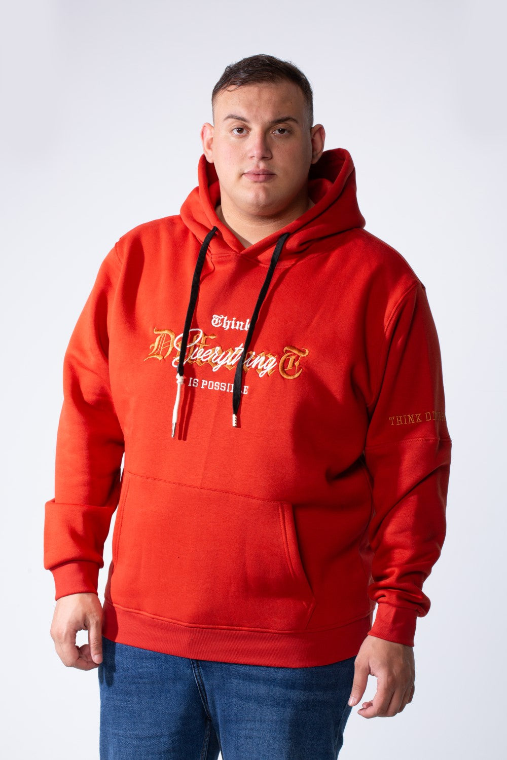 Men's Kangaroo Pockets With Graphic Text On Chest Long Sleeve Vertical Big Size Hood Sweatshirt