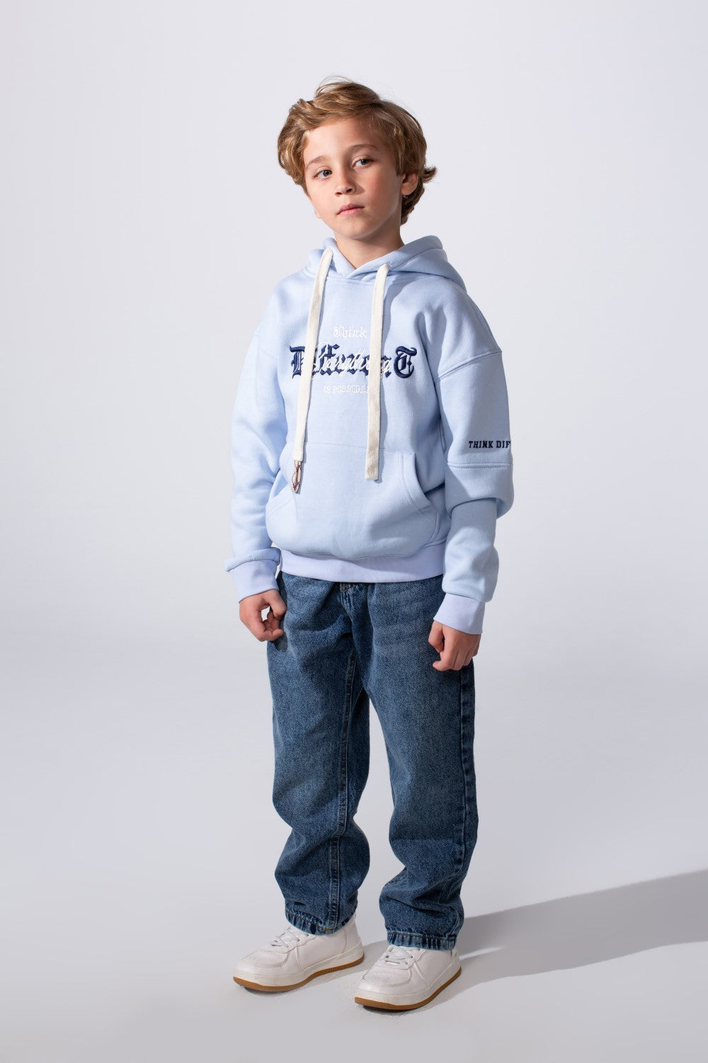 Boy's Slim Fit Front Kangaroo Pockets Chest Print With Comfy Daily Wear Melton Fabric Hooded Sweatshirt