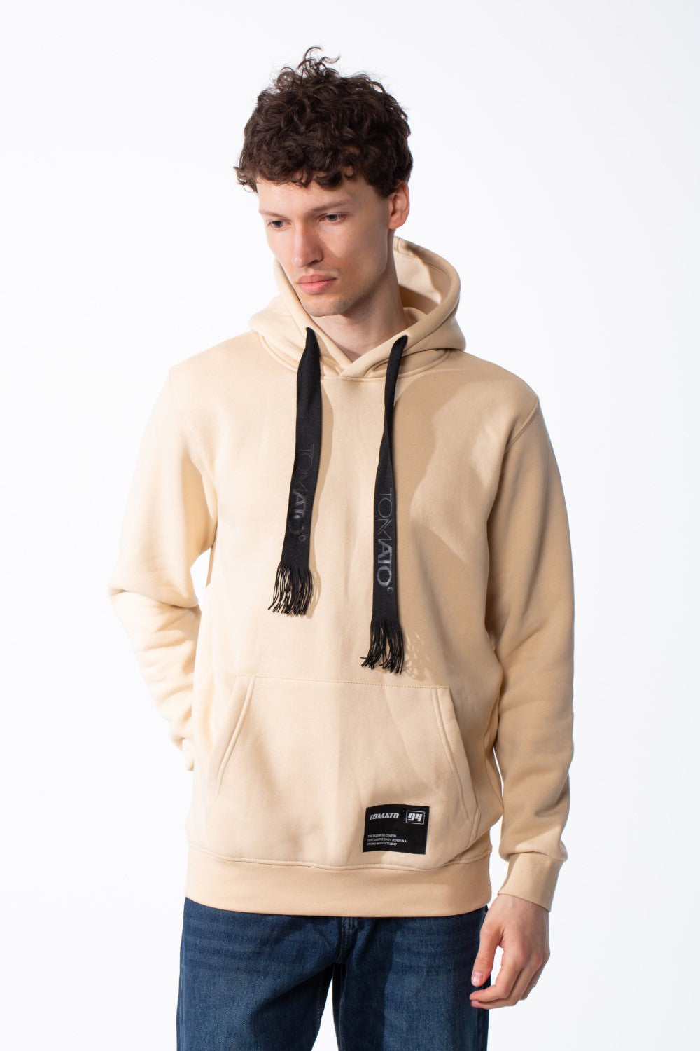 Men's Cross Over Hood Extra Wide Flat Drawstrings Set-In Sleeves Classic Kangaroo Pocket Ribbed Cuffs And Hem Sweatshirt