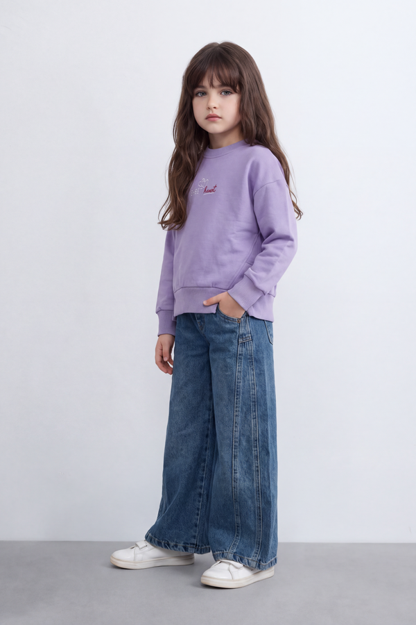 Girl's Tomato Store Relaxed Fit Melton Sweatshirt Sweet Heart Front A Back Graphic Drop Shoulder Side Slit