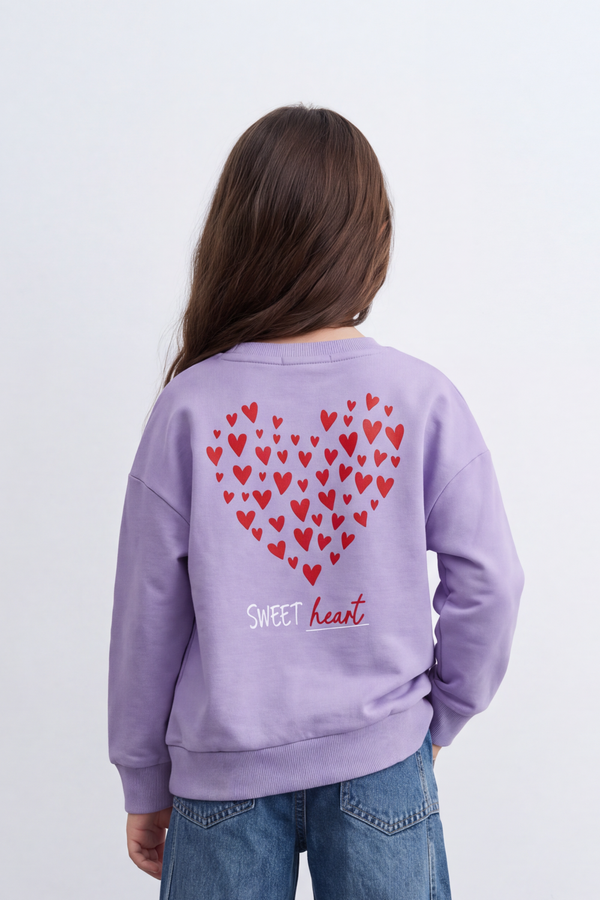 Girl's Tomato Store Relaxed Fit Melton Sweatshirt Sweet Heart Front A Back Graphic Drop Shoulder Side Slit