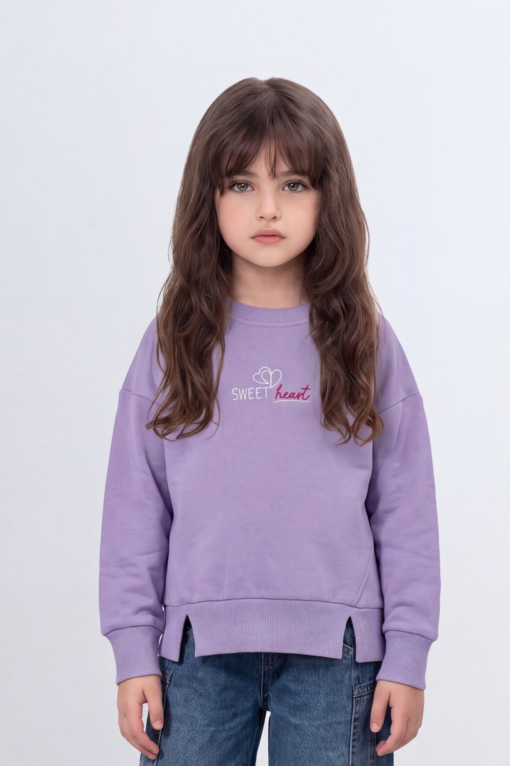 Girl's Tomato Store Relaxed Fit Melton Sweatshirt Sweet Heart Front A Back Graphic Drop Shoulder Side Slit