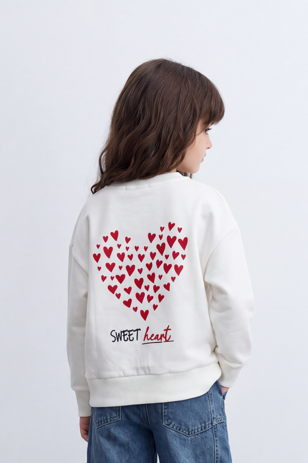 Girl's Tomato Store Relaxed Fit Melton Sweatshirt Sweet Heart Front A Back Graphic Drop Shoulder Side Slit