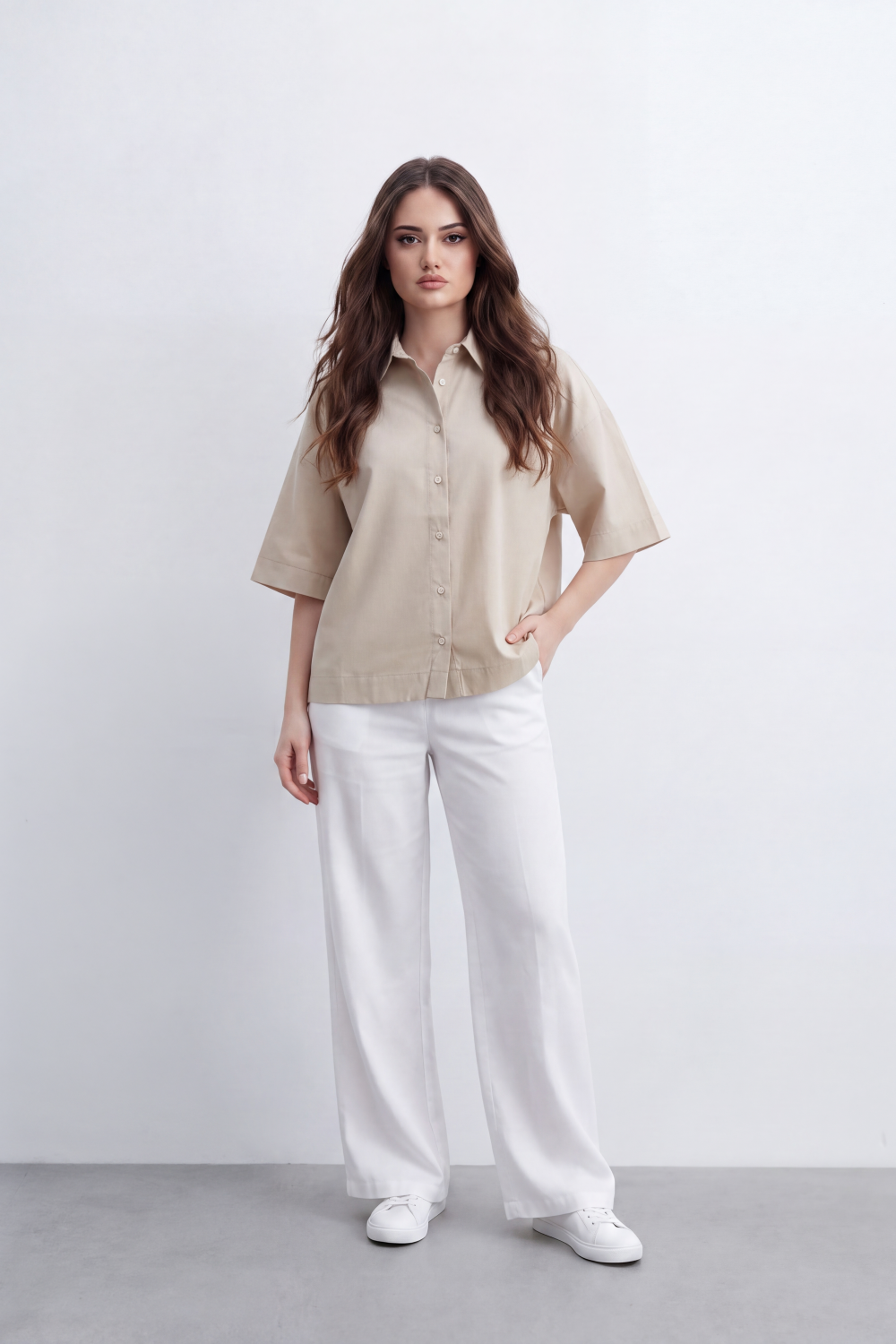 Women's Tomato Store Oversize Blouse Clean Button-Front Design Wide Short Sleeves