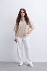 Women's Tomato Store Oversize Blouse Clean Button-Front Design Wide Short Sleeves
