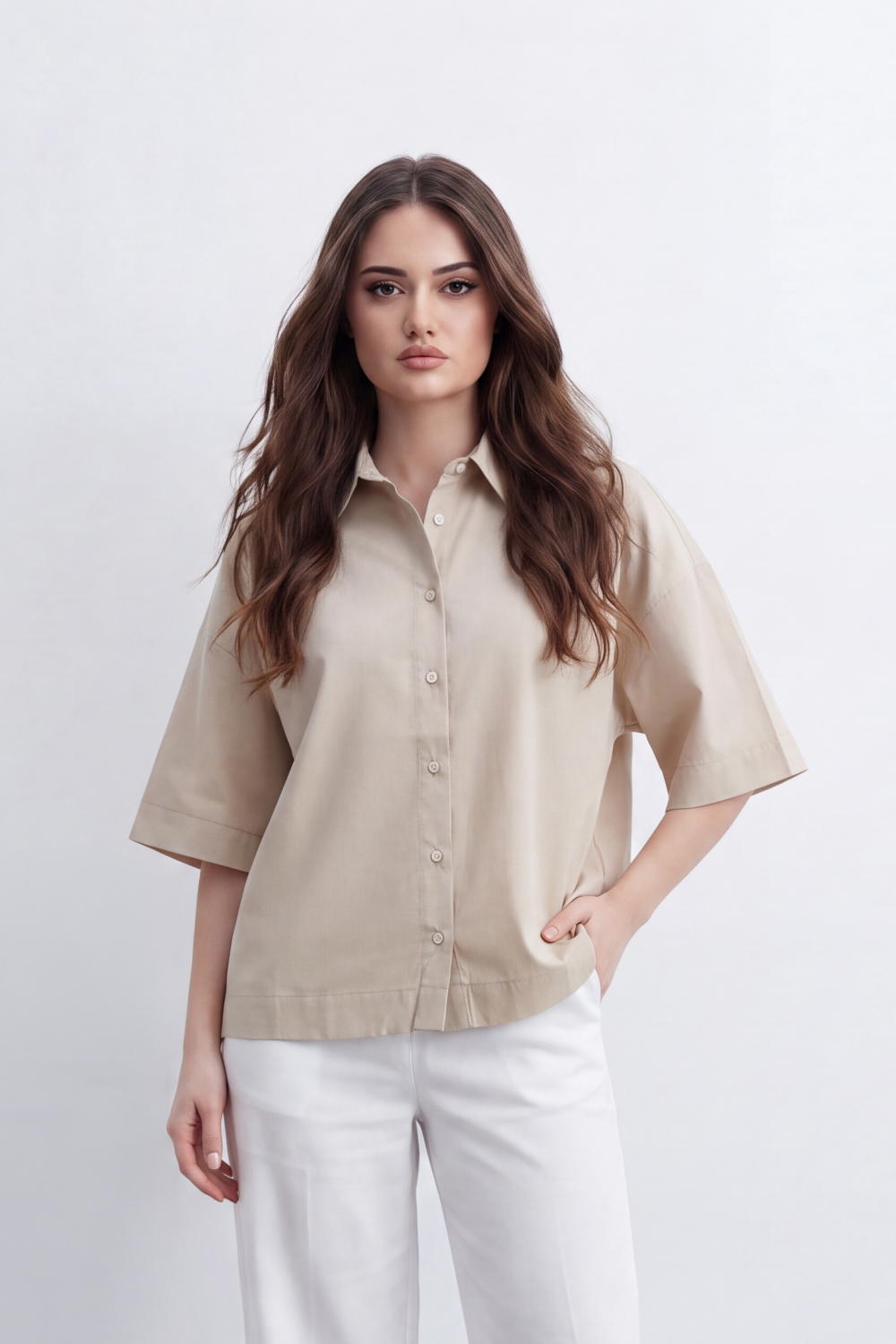 Women's Tomato Store Oversize Blouse Clean Button-Front Design Wide Short Sleeves