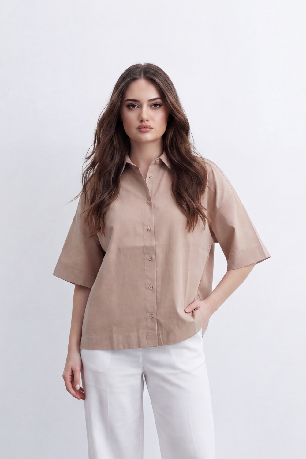 Women's Tomato Store Oversize Blouse Clean Button-Front Design Wide Short Sleeves