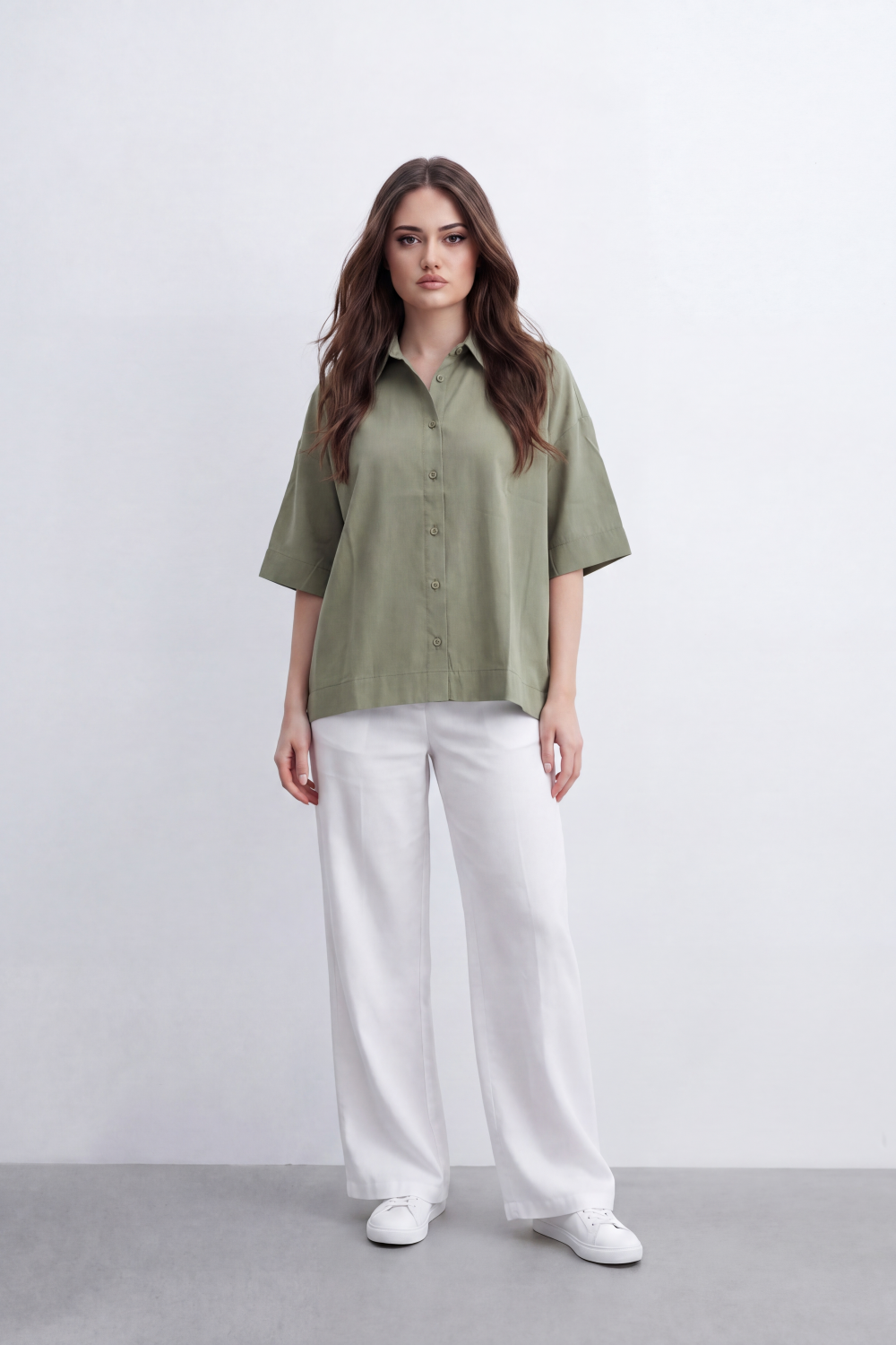 Women's Tomato Store Oversize Blouse Clean Button-Front Design Wide Short Sleeves