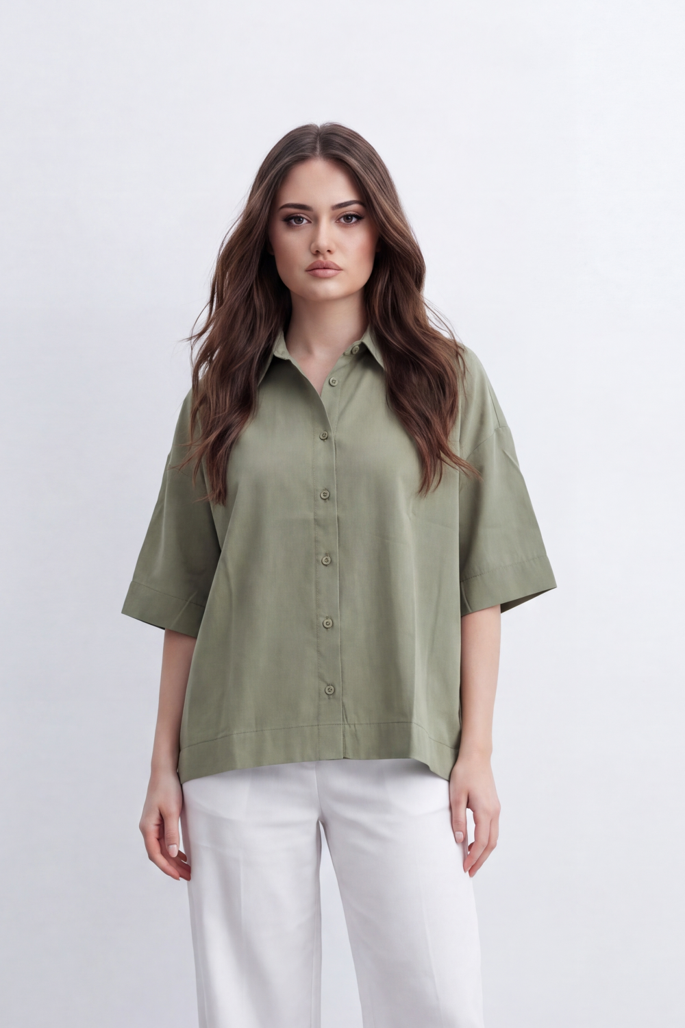 Women's Tomato Store Oversize Blouse Clean Button-Front Design Wide Short Sleeves