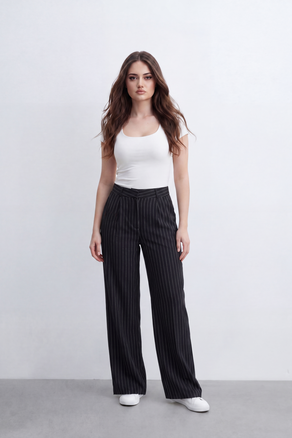 Women's Tomato Store Pinstripe Tailored Trousers High-Rise Waist Front Pleat Detail Oversize