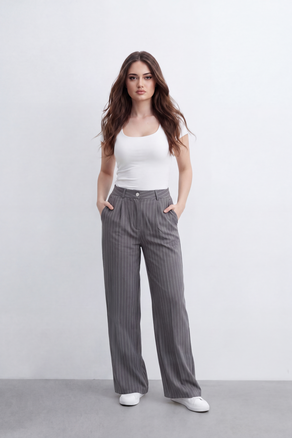 Women's Tomato Store Pinstripe Tailored Trousers High-Rise Waist Front Pleat Detail Oversize