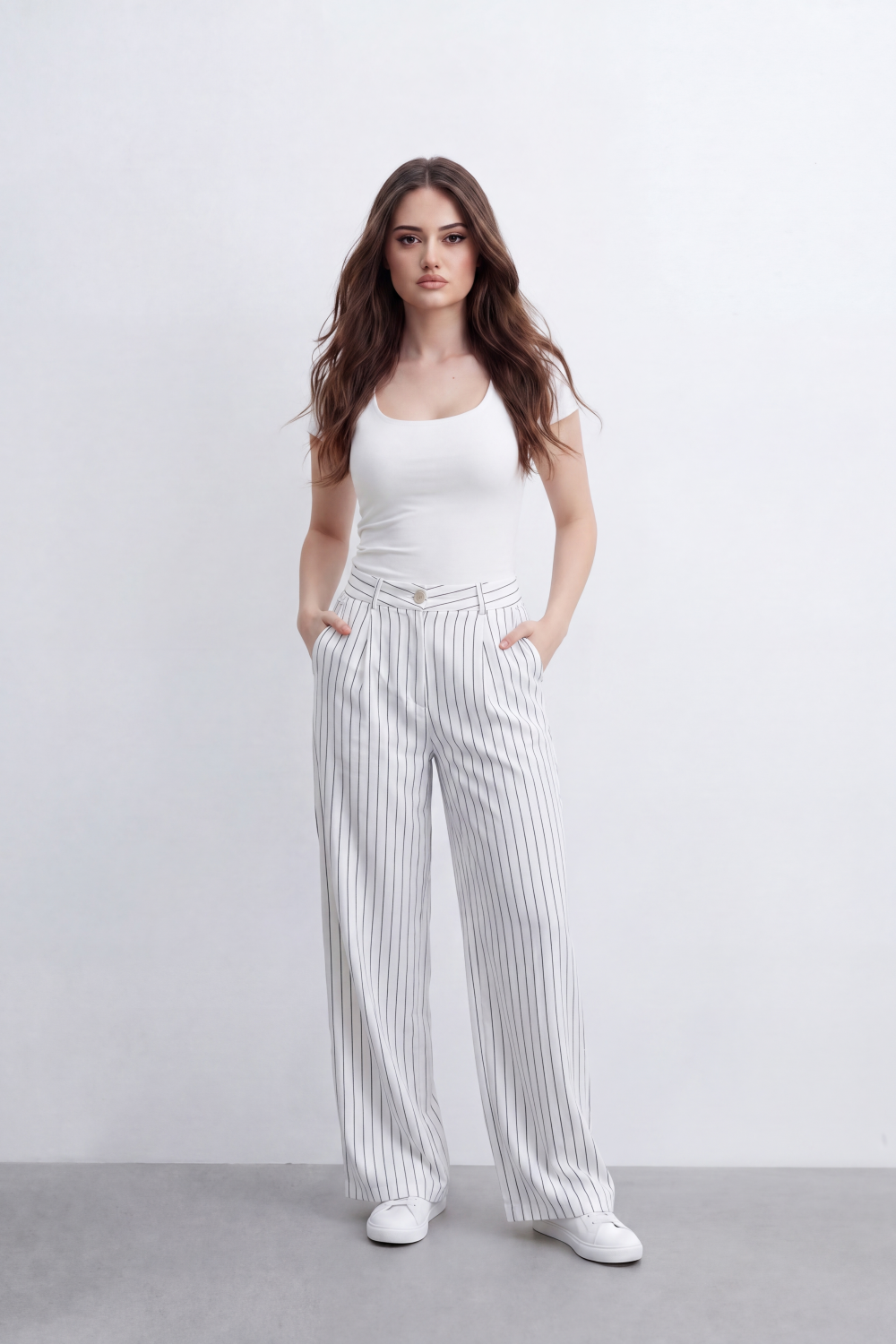Women's Tomato Store Pinstripe Tailored Trousers High-Rise Waist Front Pleat Detail Oversize