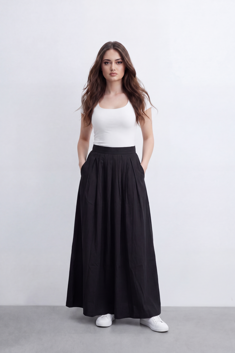 Women's Tomato Store Lightweight Woven Maxi Skirt High-Rise Waist Soft Pleated Detail Flowing A-Line