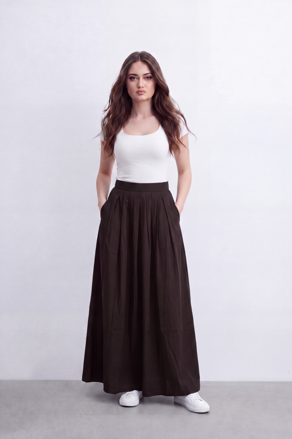Women's Tomato Store Lightweight Woven Maxi Skirt High-Rise Waist Soft Pleated Detail Flowing A-Line