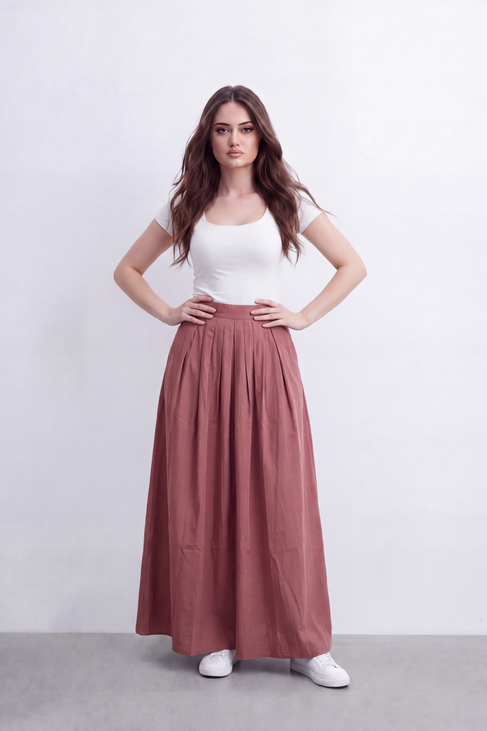 Women's Tomato Store Lightweight Woven Maxi Skirt High-Rise Waist Soft Pleated Detail Flowing A-Line
