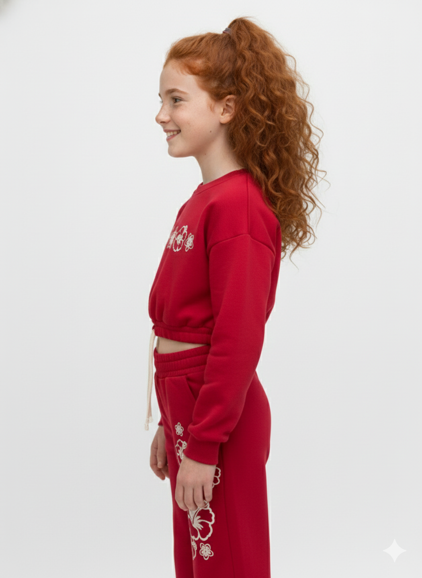 طقم بنات مكون من قطعتين قصير مع طبعة على الصدر وأكمام طويلة ملابس ميلتون