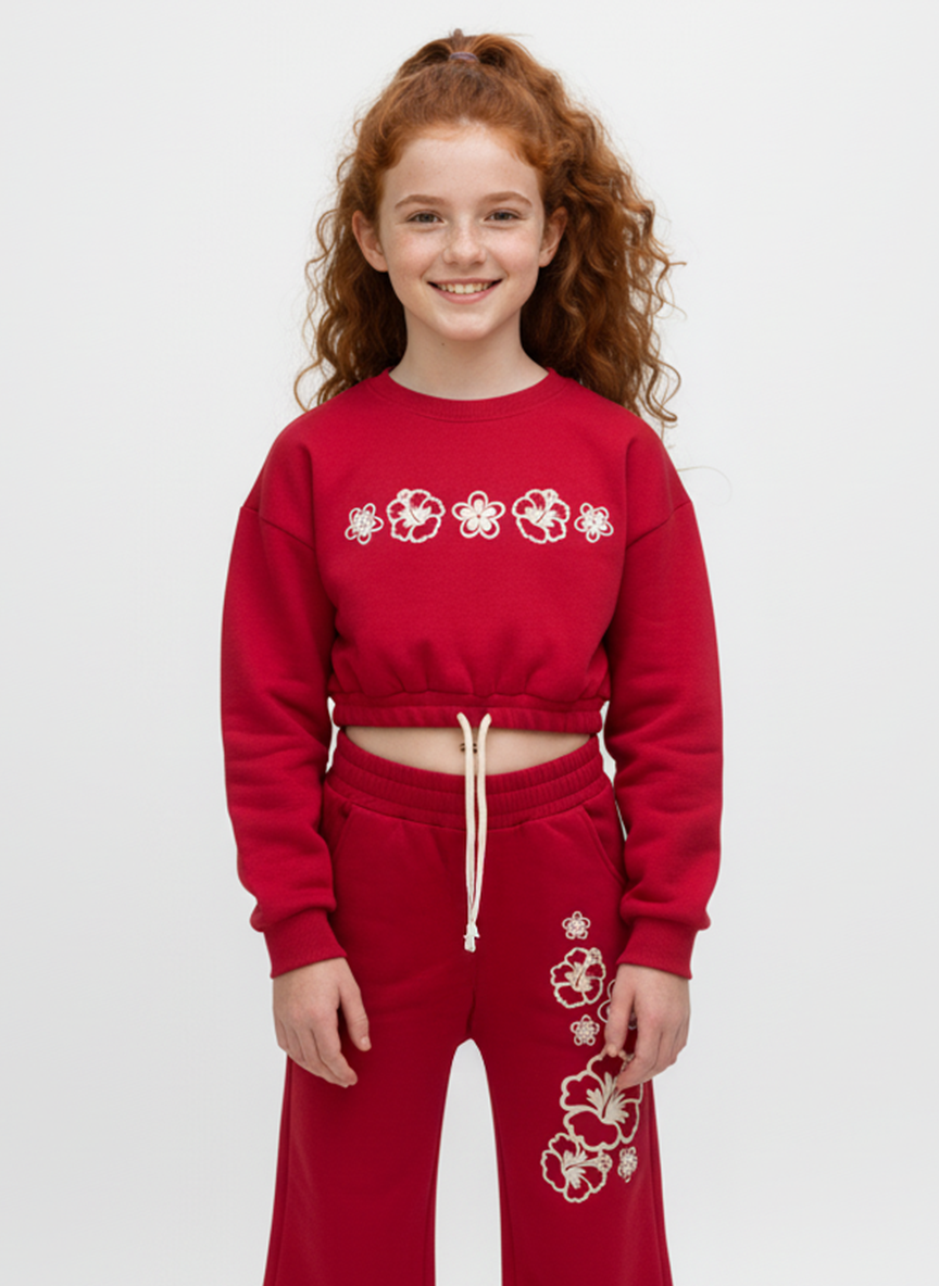 طقم بنات مكون من قطعتين قصير مع طبعة على الصدر وأكمام طويلة ملابس ميلتون