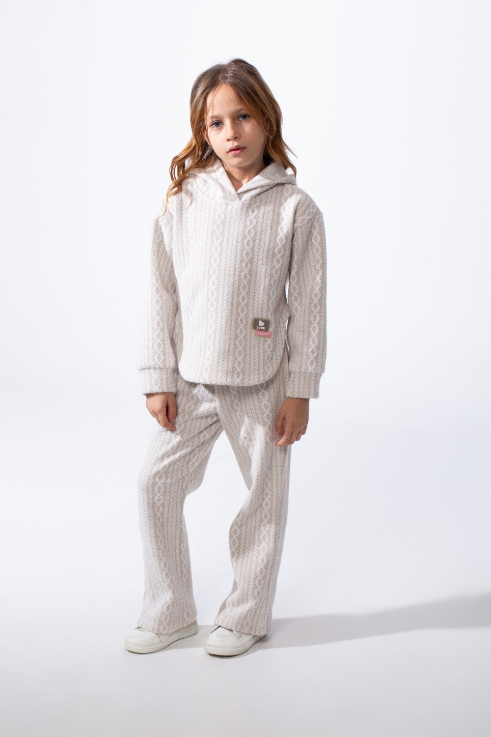 Girl's Tomato Store Textured Knit Melton Slim Fit Outfit Set Hooded Allover Cable-Inspired Pattern Trim