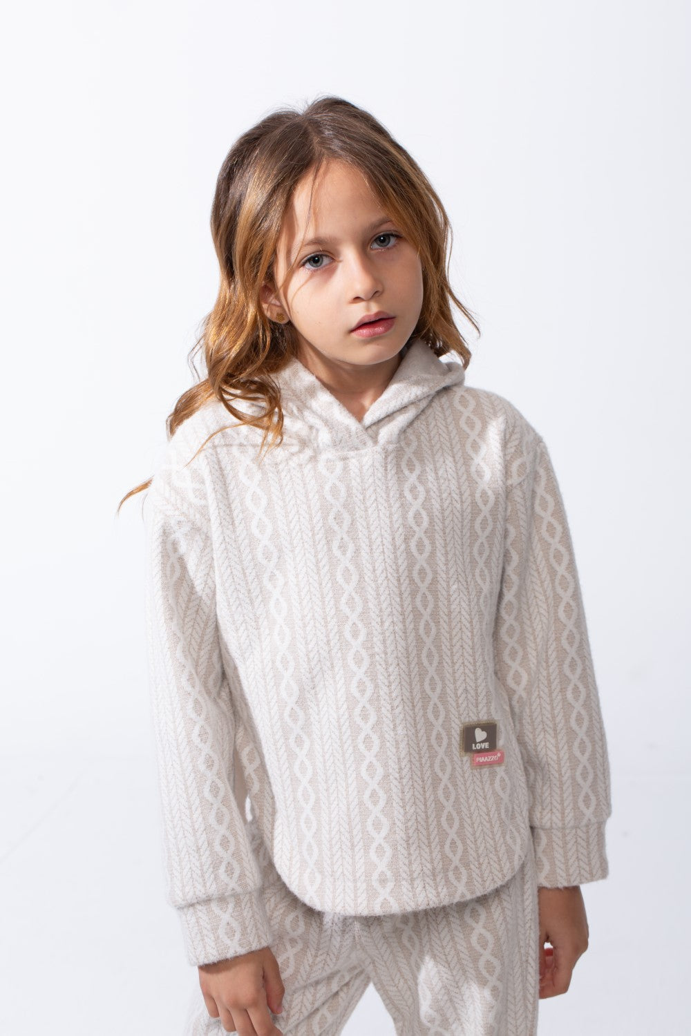 Girl's Tomato Store Textured Knit Melton Slim Fit Outfit Set Hooded Allover Cable-Inspired Pattern Trim