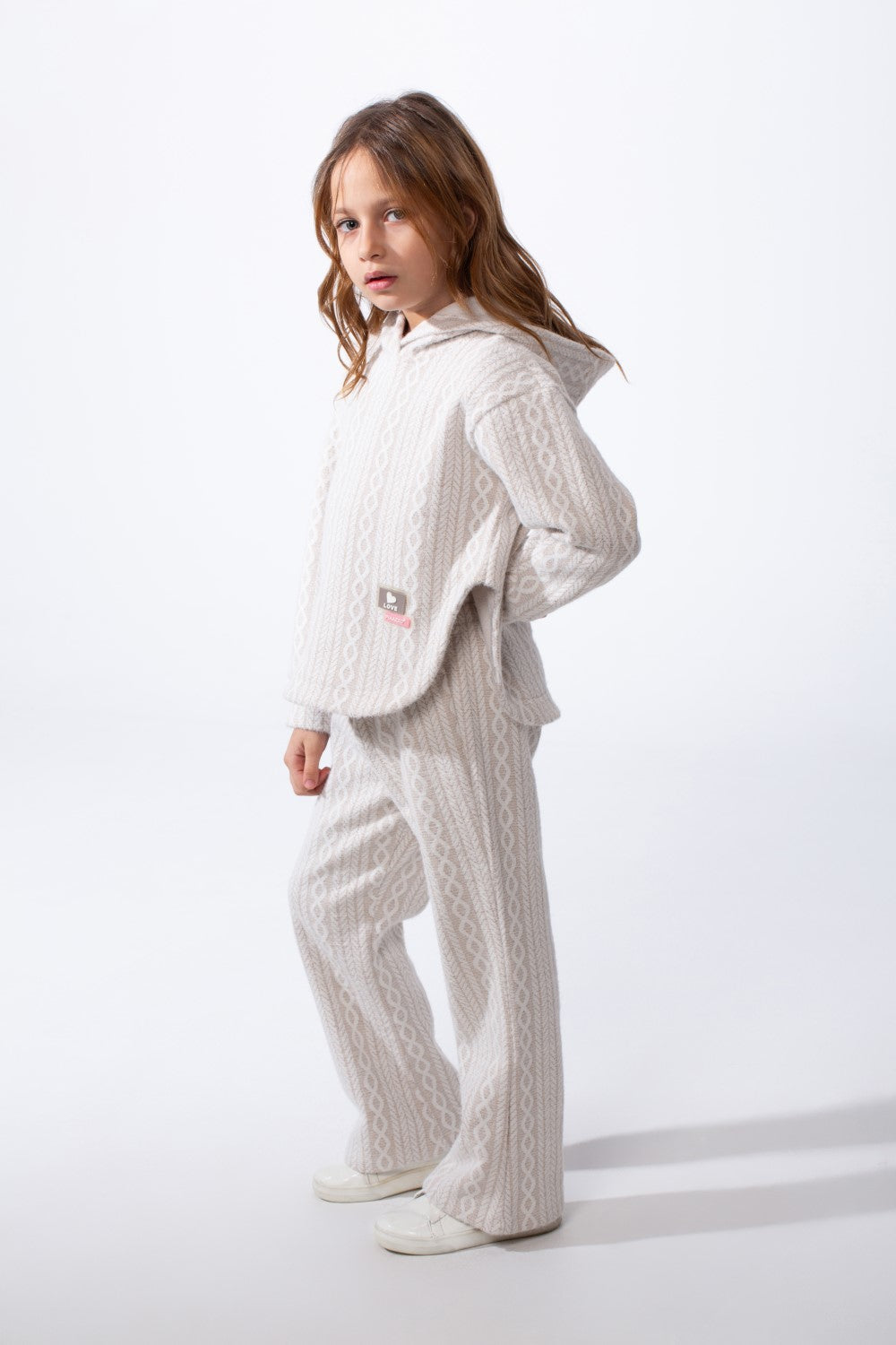 Girl's Tomato Store Textured Knit Melton Slim Fit Outfit Set Hooded Allover Cable-Inspired Pattern Trim