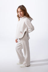 Girl's Tomato Store Textured Knit Melton Slim Fit Outfit Set Hooded Allover Cable-Inspired Pattern Trim
