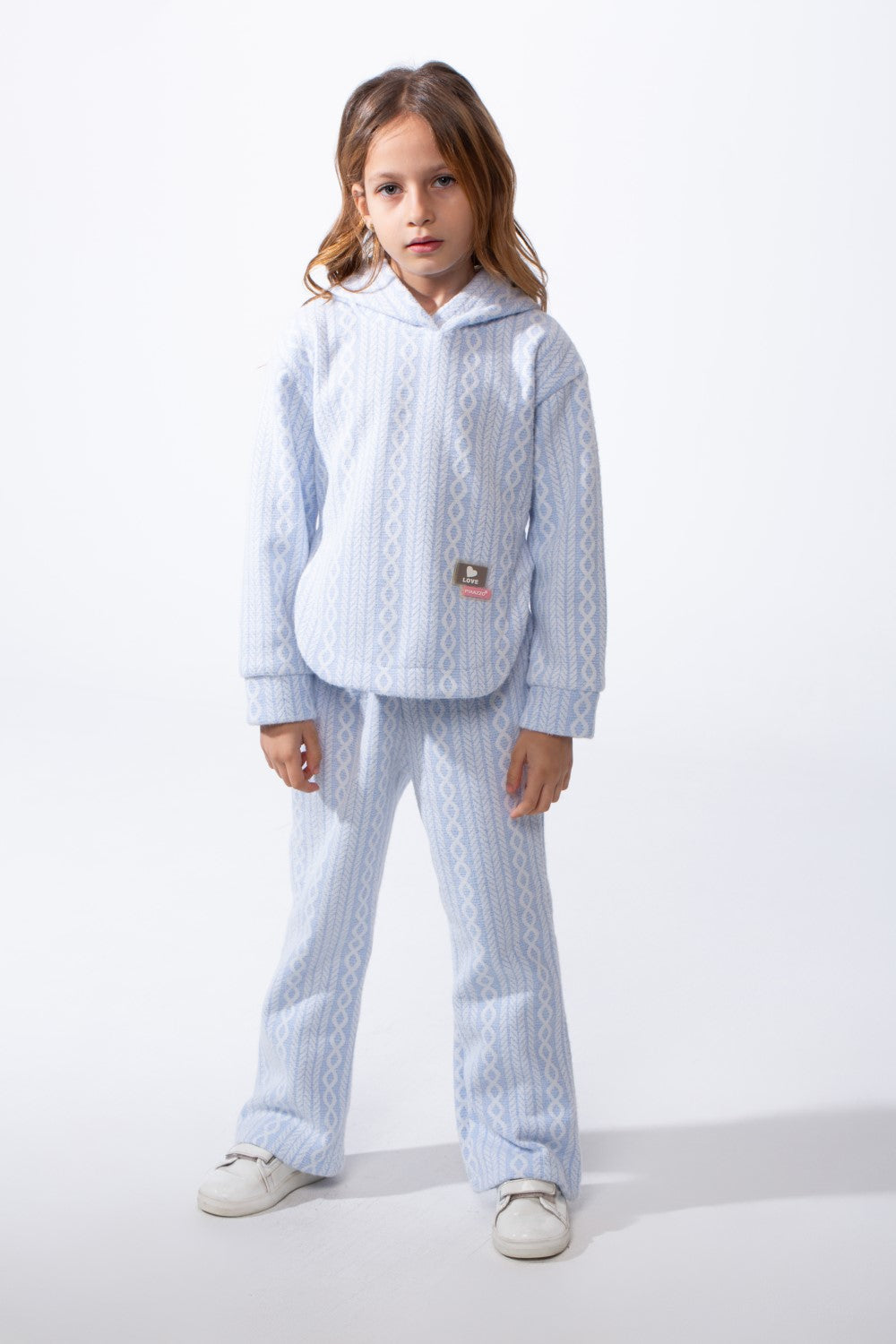 Girl's Tomato Store Textured Knit Melton Slim Fit Outfit Set Hooded Allover Cable-Inspired Pattern Trim