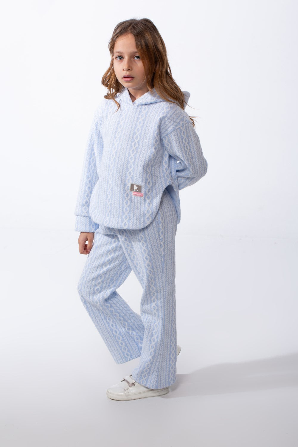 Girl's Tomato Store Textured Knit Melton Slim Fit Outfit Set Hooded Allover Cable-Inspired Pattern Trim
