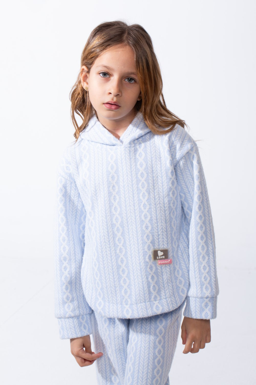 Girl's Tomato Store Textured Knit Melton Slim Fit Outfit Set Hooded Allover Cable-Inspired Pattern Trim