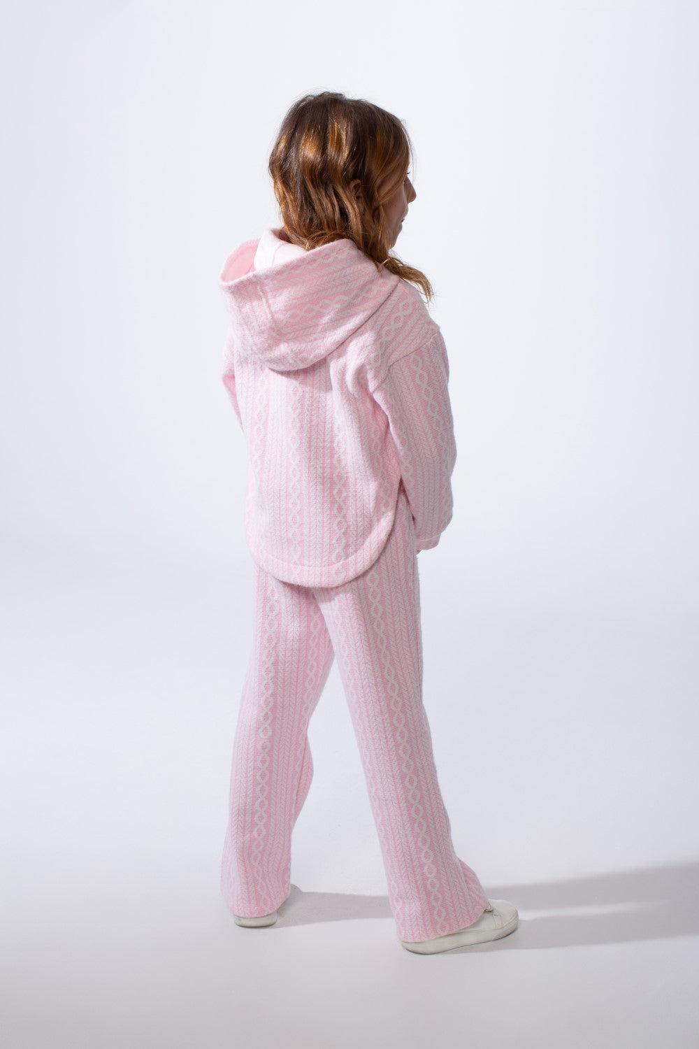 Girl's Tomato Store Textured Knit Melton Slim Fit Outfit Set Hooded Allover Cable-Inspired Pattern Trim