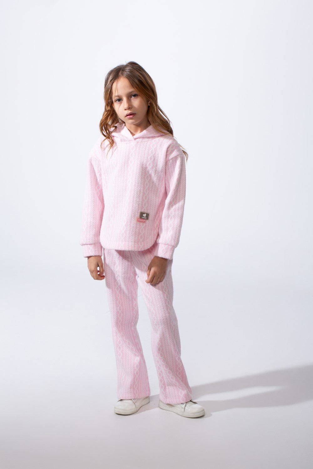 Girl's Tomato Store Textured Knit Melton Slim Fit Outfit Set Hooded Allover Cable-Inspired Pattern Trim