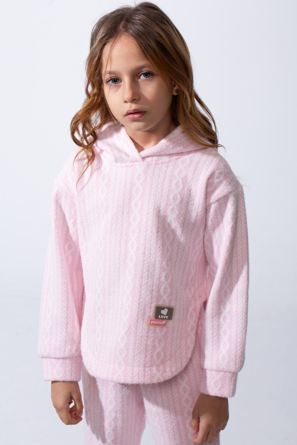 Girl's Tomato Store Textured Knit Melton Slim Fit Outfit Set Hooded Allover Cable-Inspired Pattern Trim