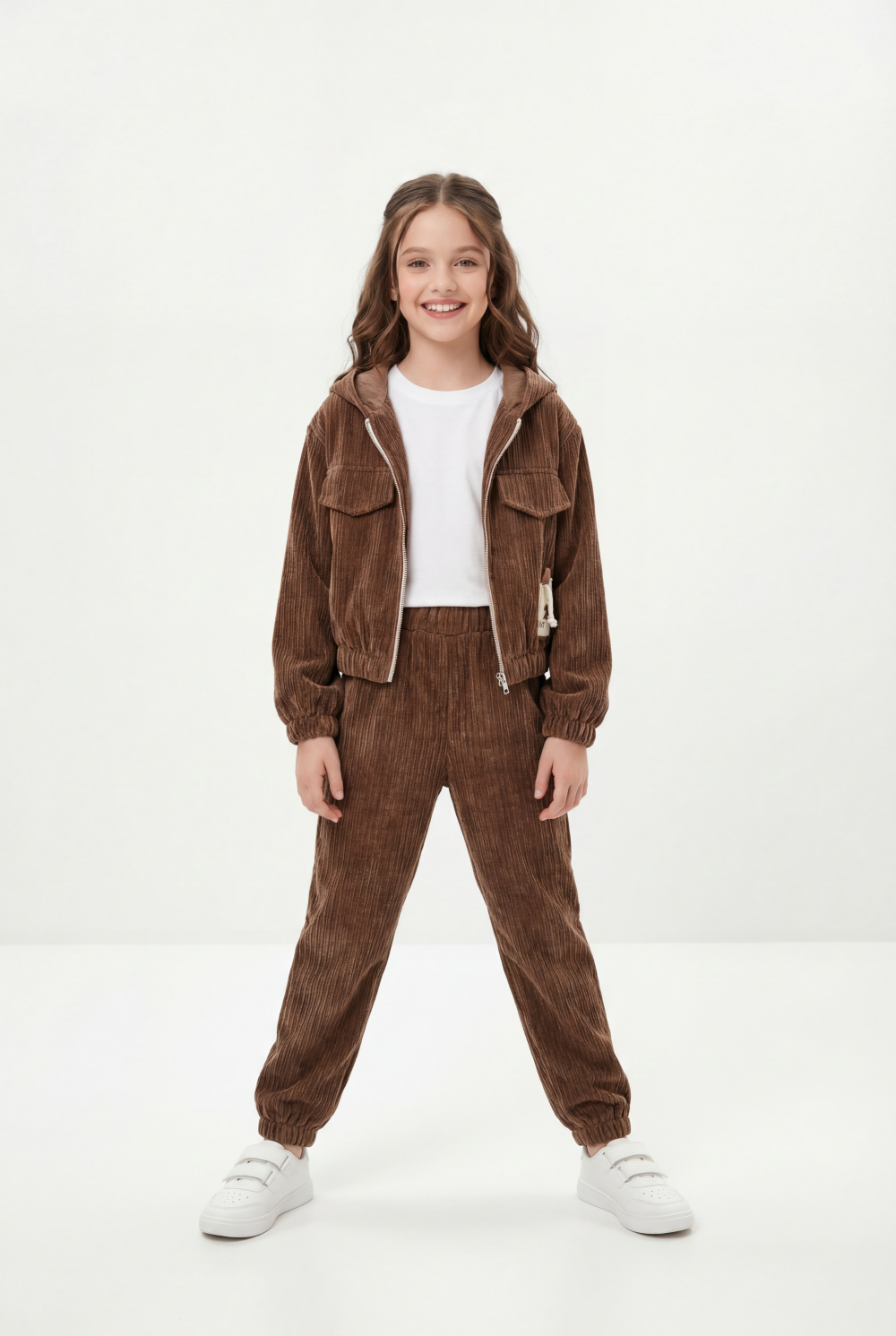 Girl's Two-Piece Set Trendy Coordinated Design Ribbed Corduroy Fabric Elasticated Cuffs Patch Print Slim Fit Outfit