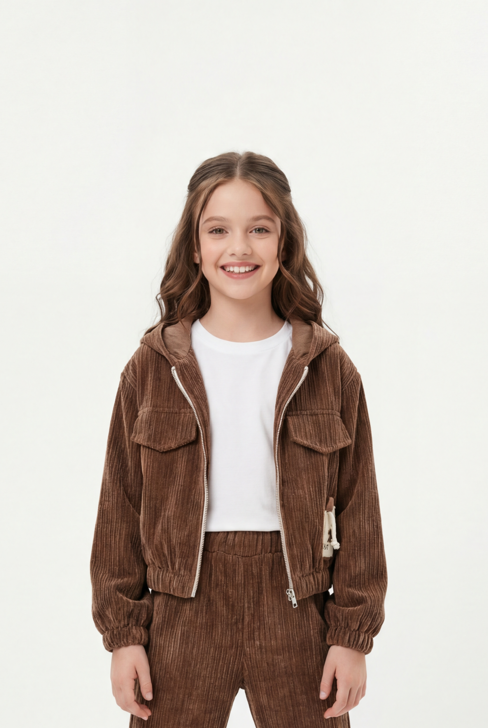 Girl's Two-Piece Set Trendy Coordinated Design Ribbed Corduroy Fabric Elasticated Cuffs Patch Print Slim Fit Outfit