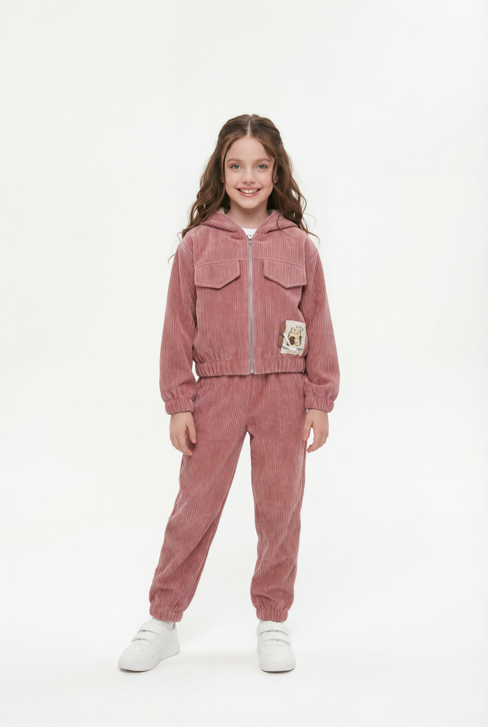 Girl's Two-Piece Set Trendy Coordinated Design Ribbed Corduroy Fabric Elasticated Cuffs Patch Print Slim Fit Outfit