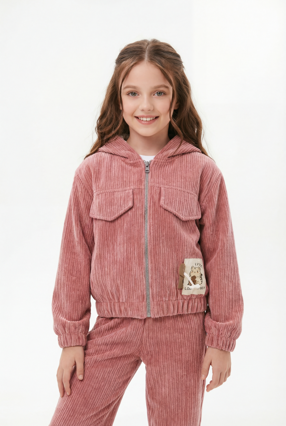 Girl's Two-Piece Set Trendy Coordinated Design Ribbed Corduroy Fabric Elasticated Cuffs Patch Print Slim Fit Outfit